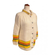 Hand Knit Sweater Cream Yellow Orange Green Silver Buttons Womens Large*