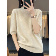 Half Sleeve Cashmere Women Knitted Sweater Merino Wool Spring  Mock-Neck Top 